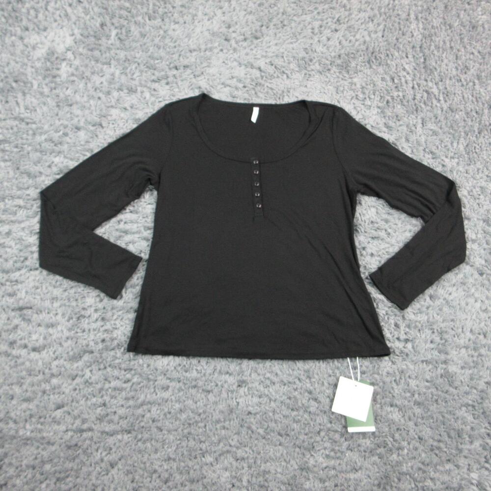 Halara Shirt Womens XL Black Scoop Neck Long Sleeve Button Basic Jersey NWT